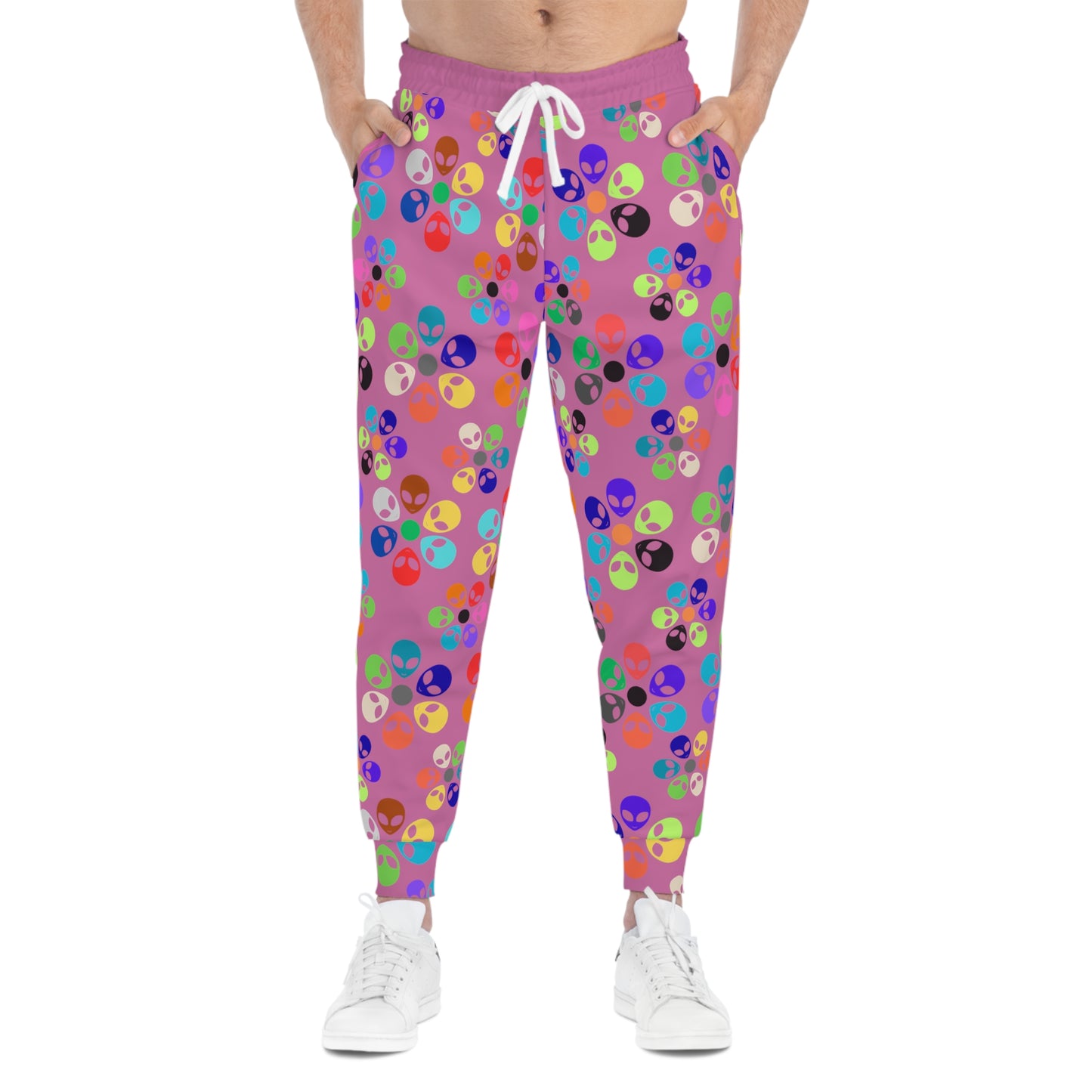 Colorful Alien Print Joggers Fun Athletic Pants Trendy Loungewear Unique Gift for Space Lovers Casual Daily Wear Unisex Joggers Alien Rainbow Flowers Light Pink