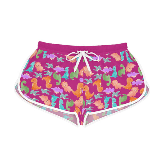 Colorful Dino Print Womens Relaxed Shorts Perfect for Summer Beachwear Loungewear Gift for Her Casual Style Rainbow Dinos Pink