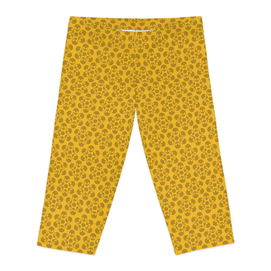 Womens Capri Leggings Alien Flowers Yellow