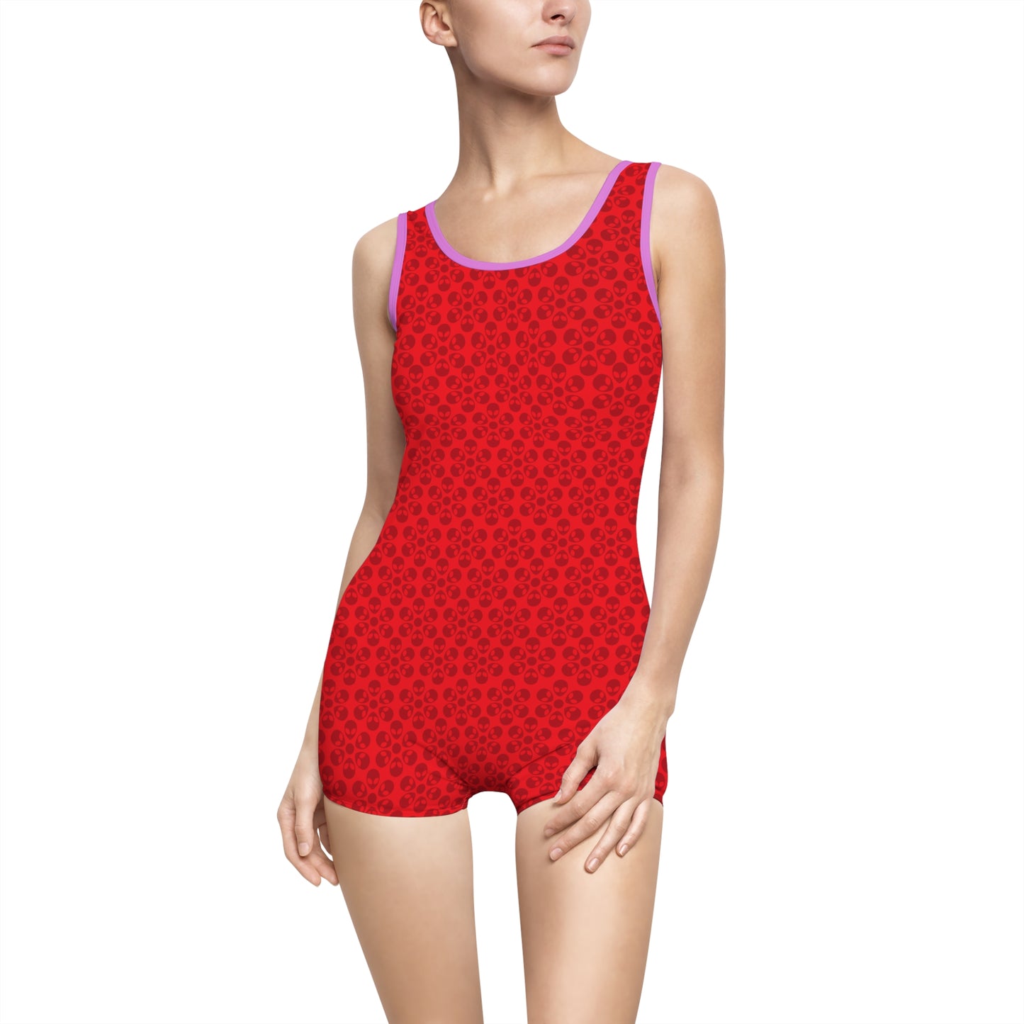 Womens Vintage Swimsuit  Alien Flowers Red