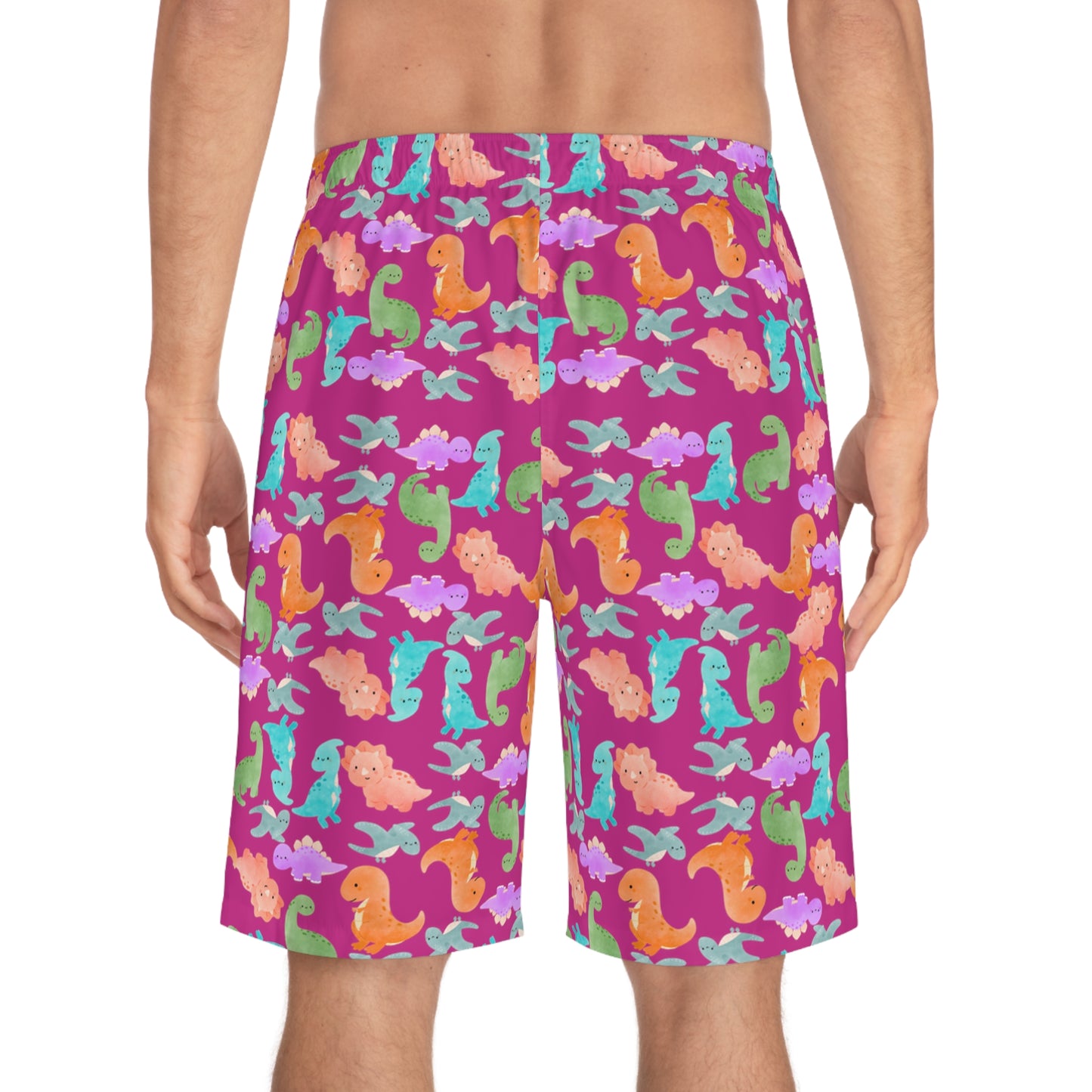 Dino Print Mens Board Shorts Summer Swimwear Beach Wear Vacation Essentials Gift for Him Rainbow Dinos Pink