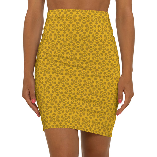Womens MidWaist Pencil Skirt  Alien Flowers Yellow