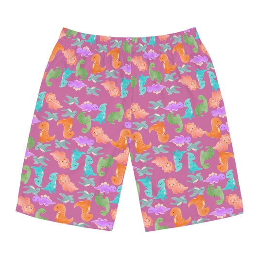 Dino Print Mens Board Shorts Summer Swimwear Beach Wear Vacation Essentials Gift for Him Rainbow Dinos Light Pink