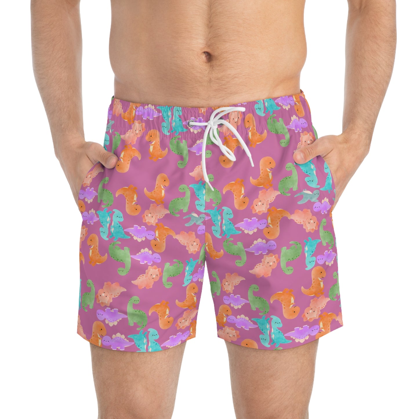Colorful Dinosaur Swim Trunks for Summer Fun Beachwear Pool Party Vacation Essentials Kids & Adults Swimwear Rainbow Dinos Light Pink
