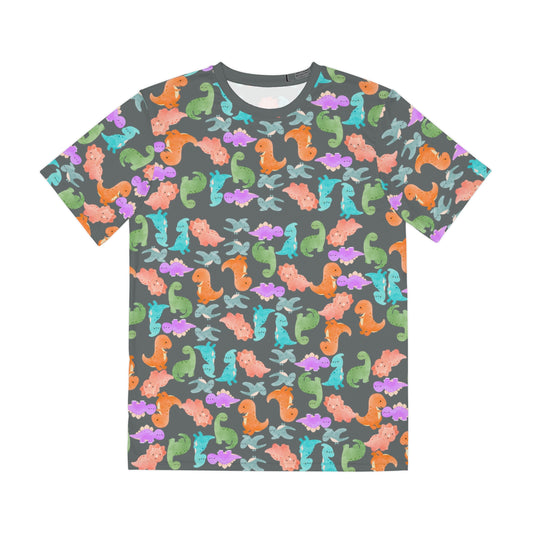 Colorful Dino Tee  Fun Playful Shirt for Ocean Lovers Casual Wear Summer Outfits Beach Activities Gifts for Him Rainbow Dinos Dark Grey