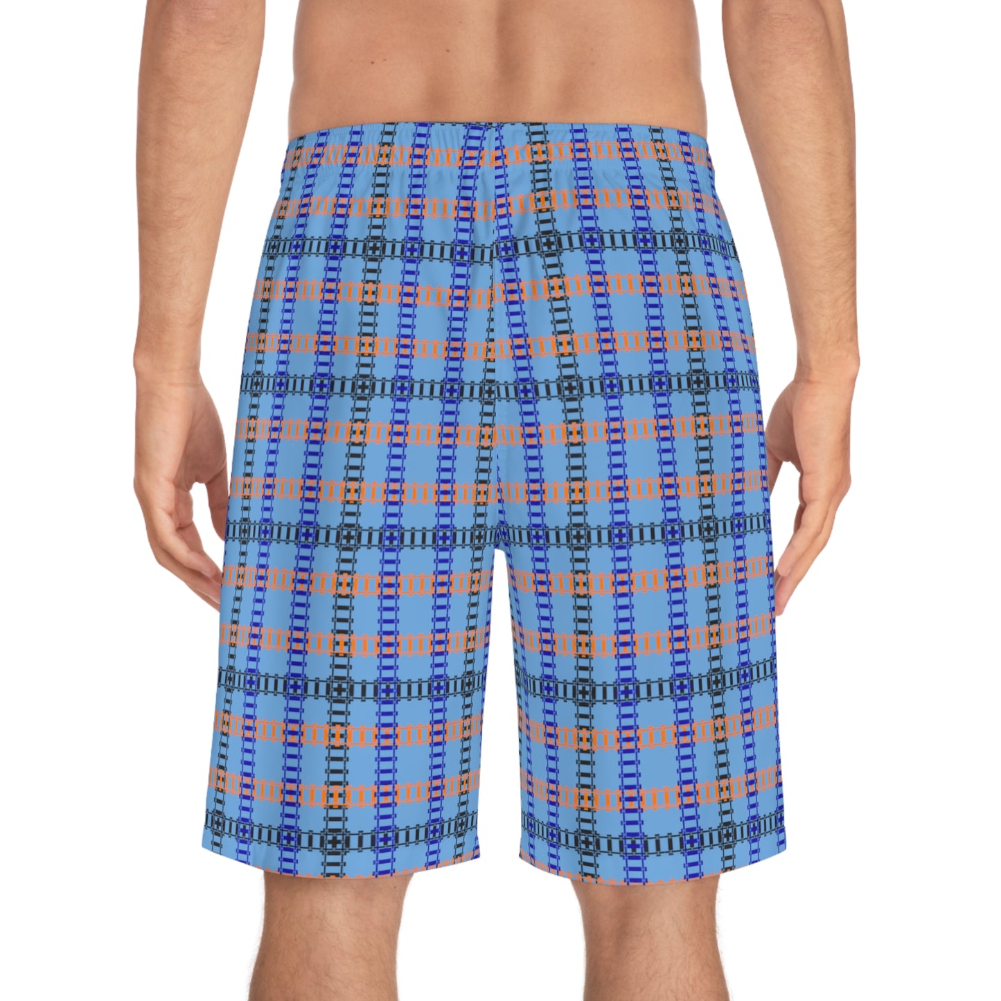 Vibrant Mens Board Shorts Perfect for Summer Beach Days and Pool Parties | Stylish Swimwear Train Tracks Light Blue