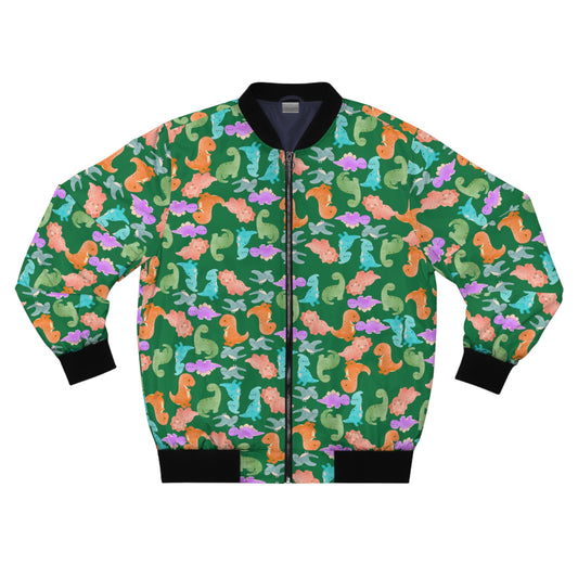 Colorful Dinosaur Mens Bomber Jacket Trendy Outerwear for Casual Outings Unique Gift for Dinosaur Lovers Festival Style  Rainbow Dinos Dark Green