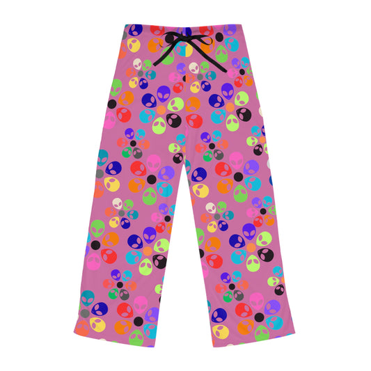 Colorful Alien Print Womens Pajama Pants Fun Loungewear Sleepwear for Alien Lovers Great Gift for Birthdays Relaxation Alien Rainbow Flowers Light Pink