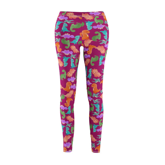 Womens Midrise Casual Leggings Rainbow Dinos Pink