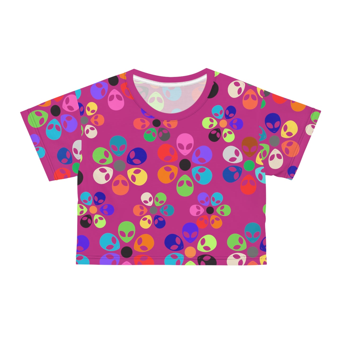 Colorful Alien Print Crop Tee Fun Crop Top Gift for UFO Lovers Casual Summer Tee Trendy Graphic Shirt Unique Festival Wear Alien Rainbow Flowers Pink