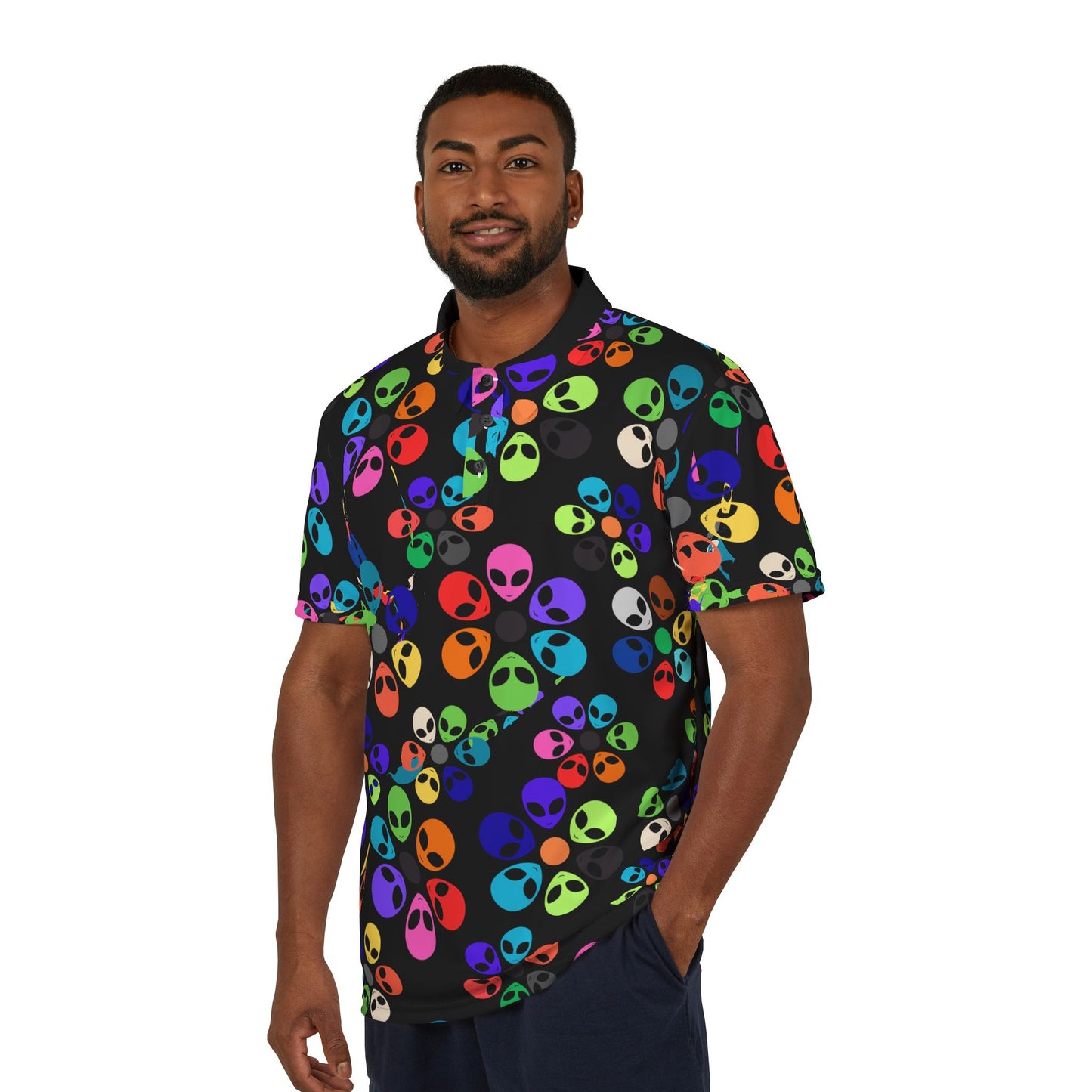 Colorful Alien Print Unisex Polo Shirt  Perfect for Festivals Holiday Parties Casual Wear Gift Ideas Unique Menswear Alien Rainbow Flowers Light Pink