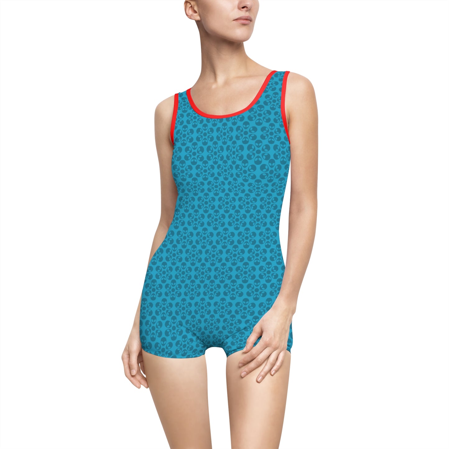 Womens Vintage Swimsuit  Alien Flowers Turquoise