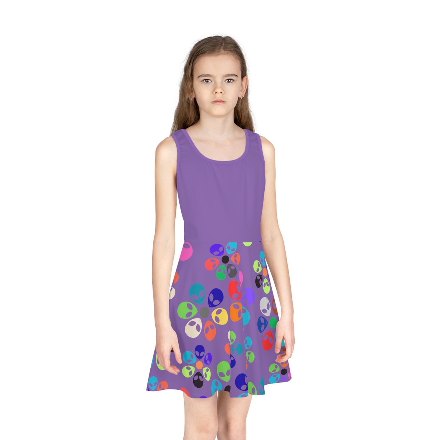 Colorful Alien Print Girls Sundress Summer Dress Kids Fashion Birthday Outfit Playful Dress Unique Gifts for Girls Alien Rainbow Flowers Light Purple