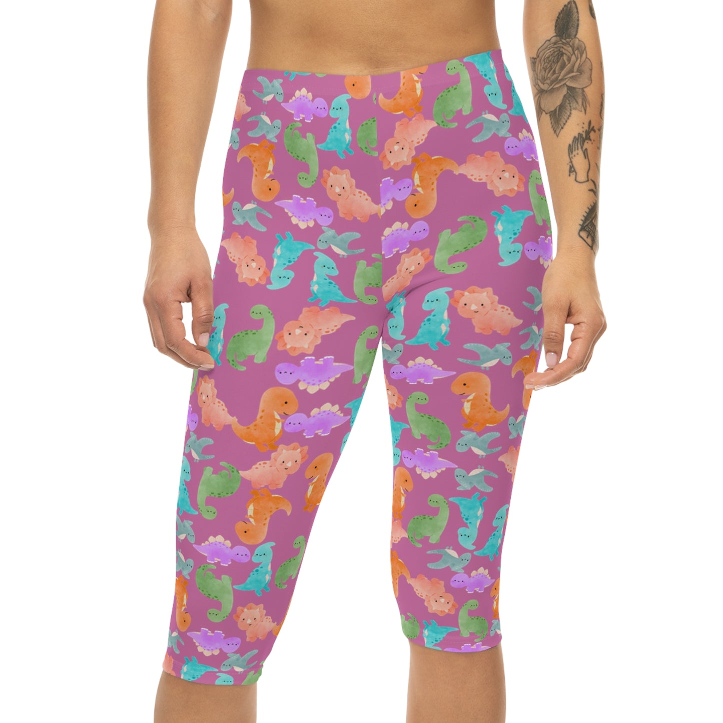 Women’s Capri Leggings  Rainbow Dinos Light Pink