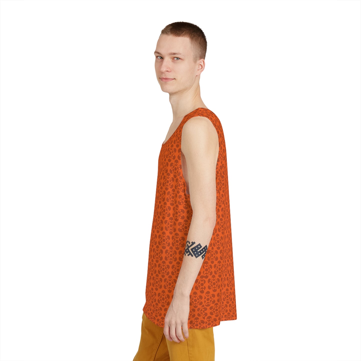 Stylish Mens Tank Top  AOP Leopard Print Summer Wear Fitness Gear Casual Apparel Trendy Vacation Outfit Alien Flowers Orange