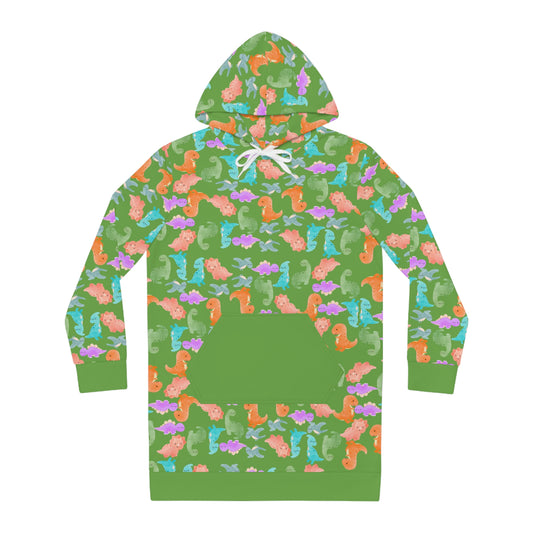 Womens Hoodie Dress Rainbow Dinos Green