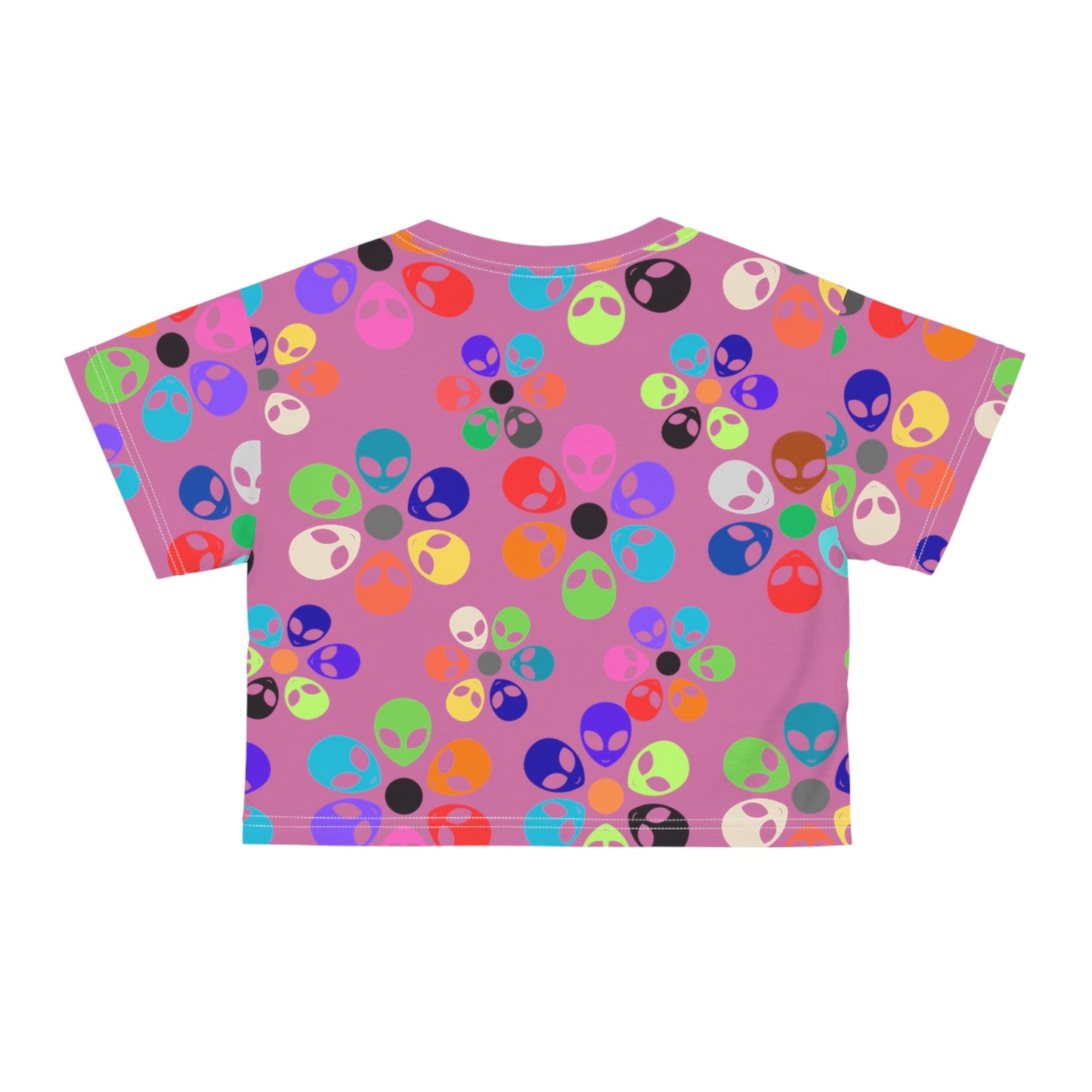 Colorful Alien Print Crop Tee Fun Crop Top Gift for UFO Lovers Casual Summer Tee Trendy Graphic Shirt Unique Festival Wear Alien Rainbow Flowers Light Pink