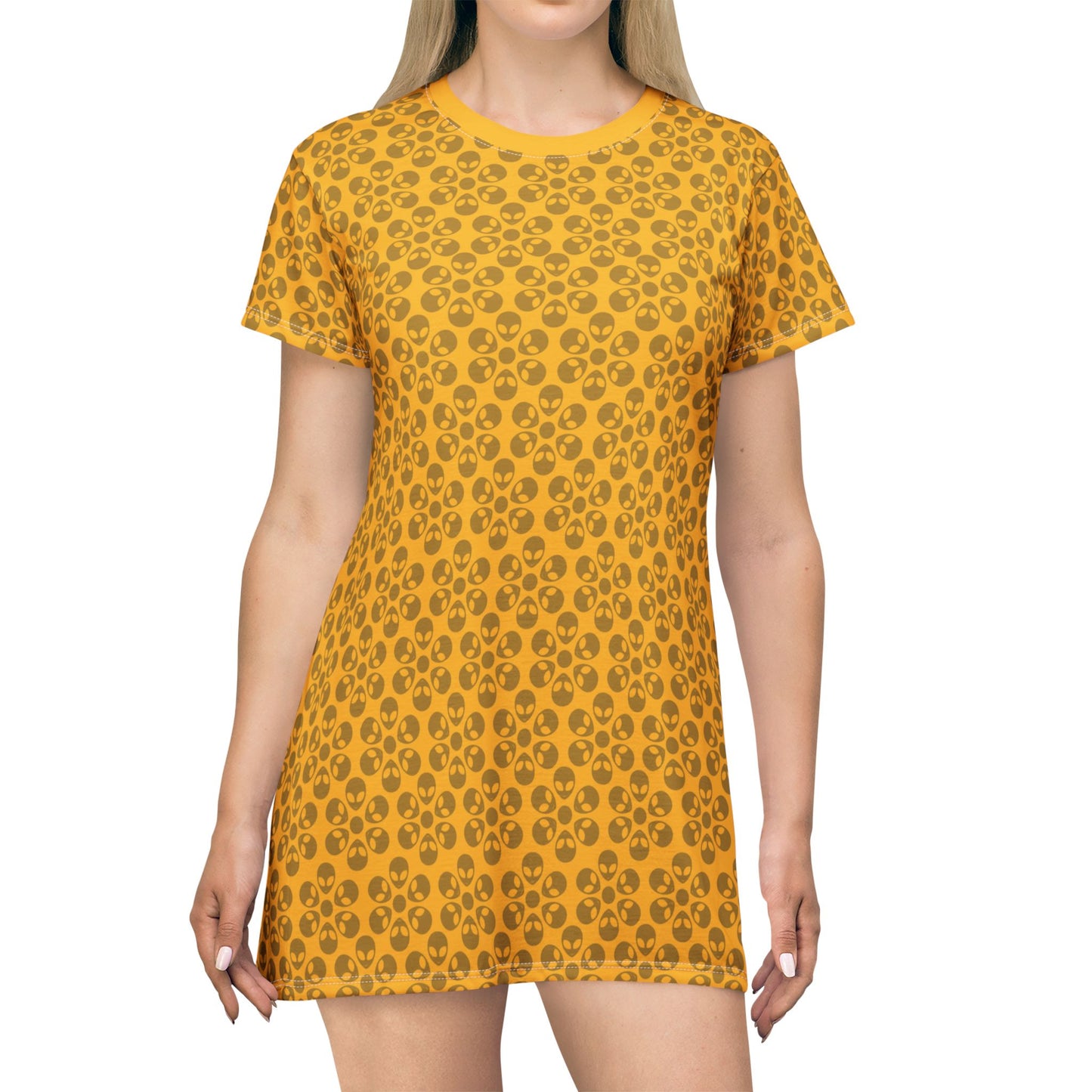 Floral Pattern TShirt Dress Casual Summer Dress Cute Dress for Women Floral Print Dress Trendy Everyday Wear Perfect for Beach Alien Flowers Yellow