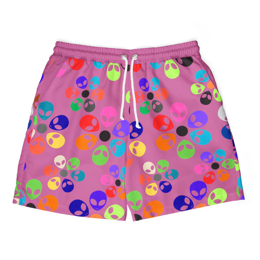 Colorful Alien Print Unisex Swim Shorts Beachwear Summer Style Pool Party Trendy Swim Trunks Vacation Swim Shorts Alien Rainbow Flowers Light Pink