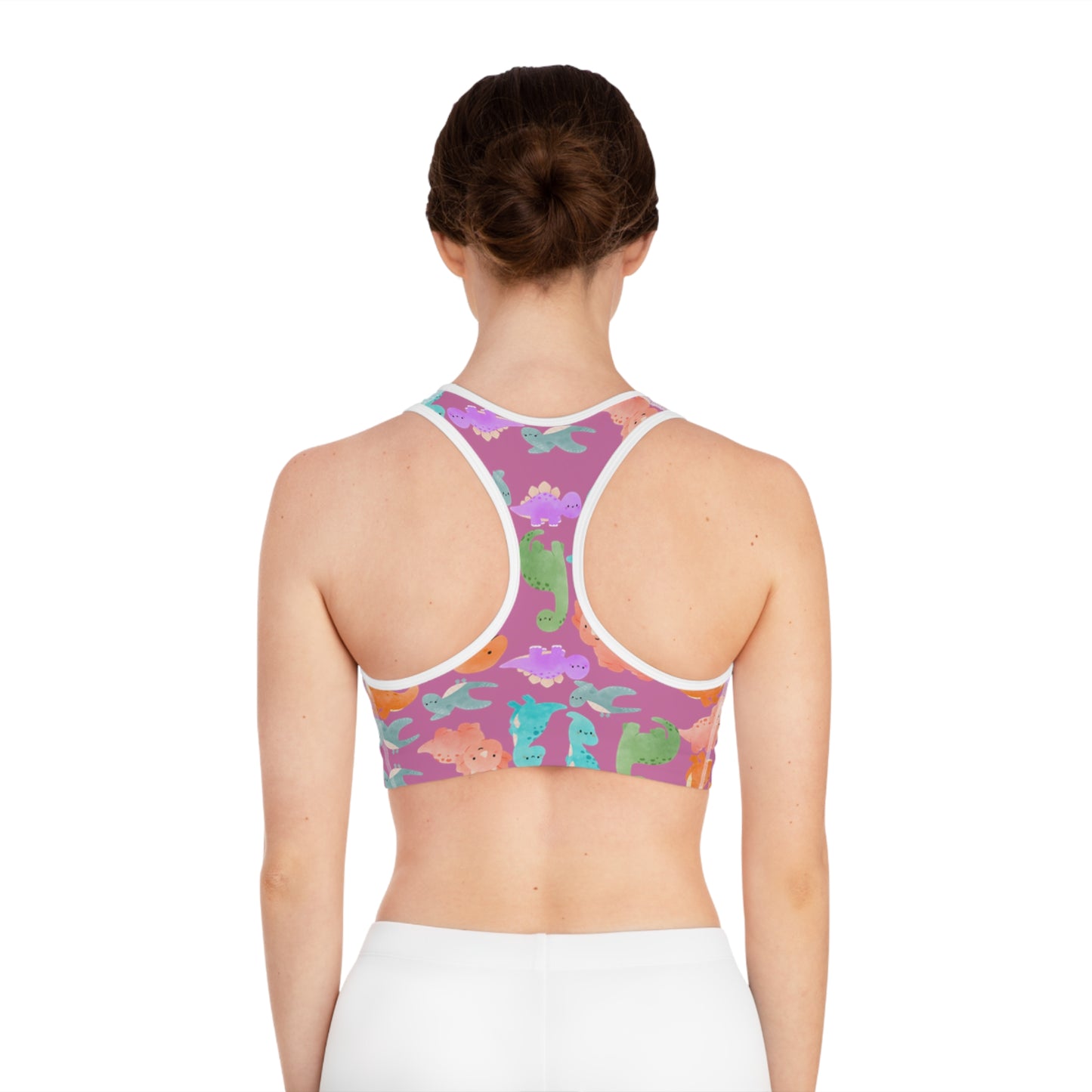 Colorful Dinosaur Print Sports Bra Cute Activewear Gym Top Fitness Wear Gifts for Her Workout Clothing Rainbow Dinos Light Pink