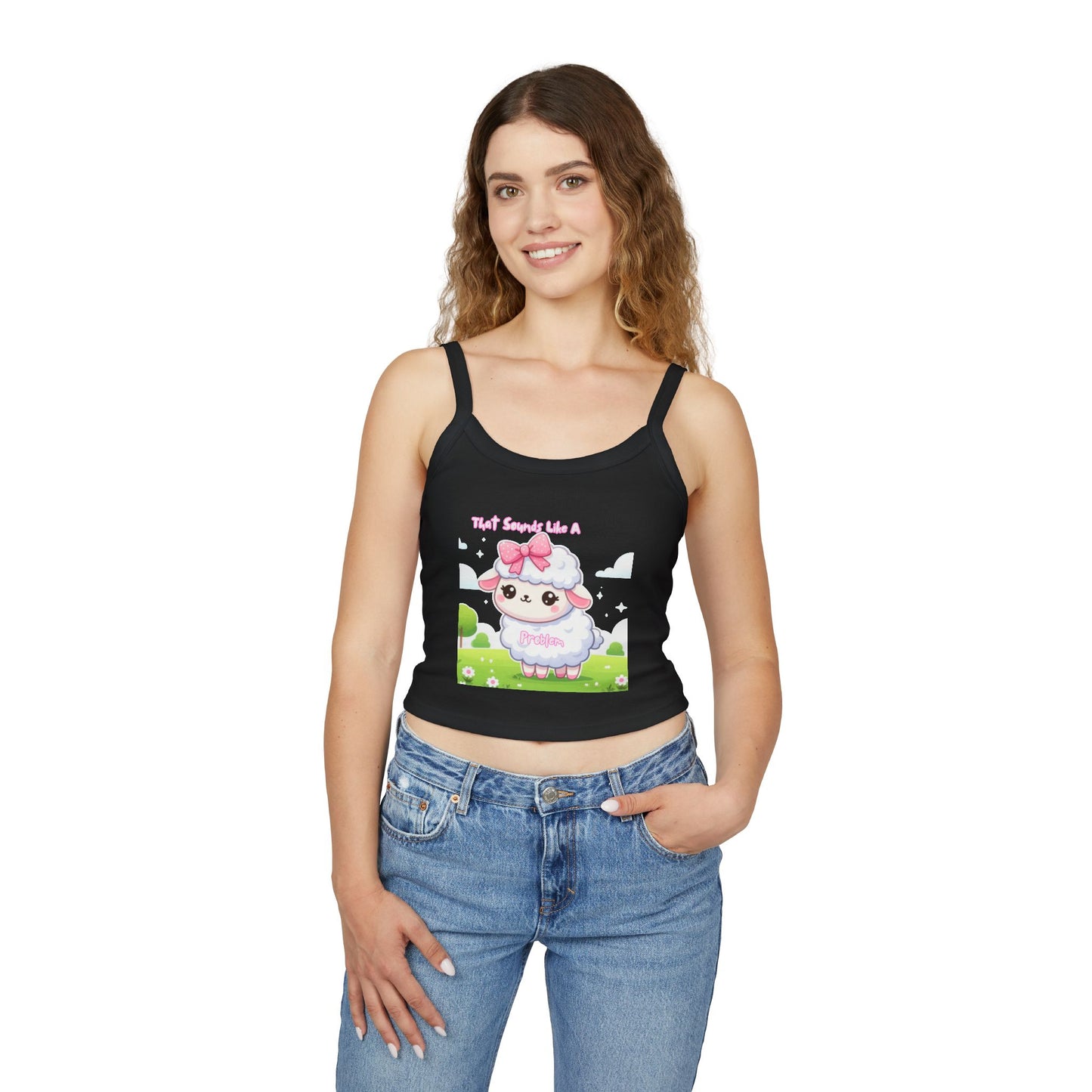 Cute Sheep Graphic Women&#039;s Spaghetti Strap Tank Top - Fun & Playful Design for Spring/Summer