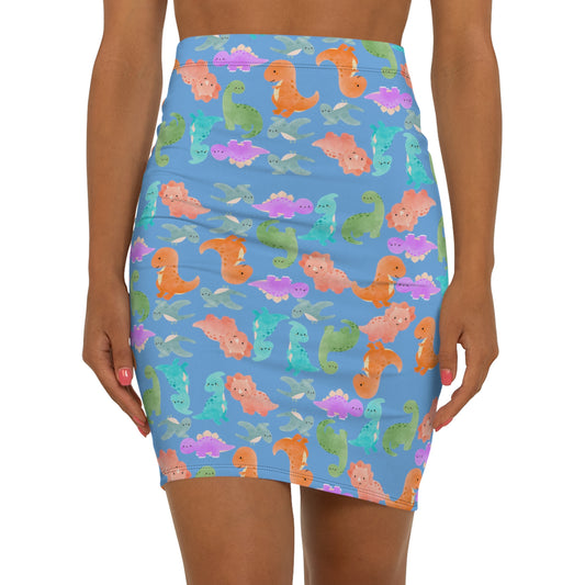 Dinosaur Print MidWaist Pencil Skirt for Fun and Playful Style Womens Skirt Cute Skirt Fashionable Skirt Casual Skirt Gift Idea Rainbow Dinos Light Blue