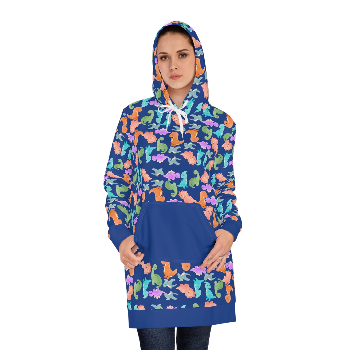 Womens Hoodie Dress Rainbow Dinos Dark Blue