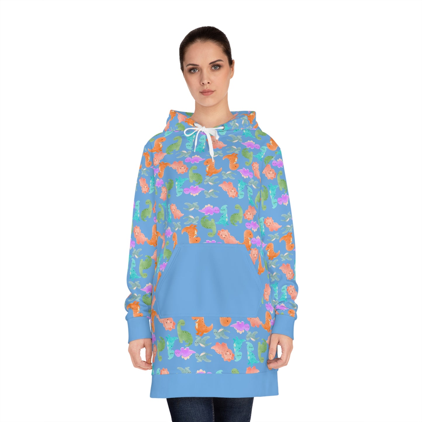 Womens Hoodie Dress Rainbow Dinos Light Blue