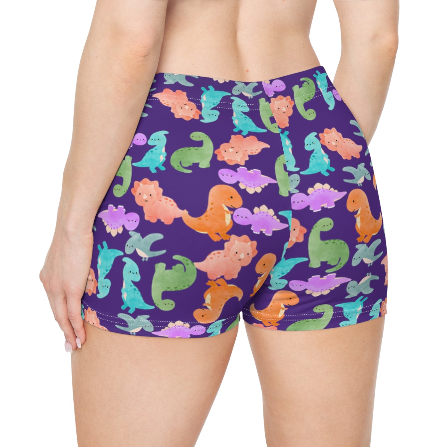 Dinosaur Print Womens Shorts Cute Summer Loungewear Kids Party Attire Beach Day Outfit Colorful Activewear Rainbow Dinos Purple
