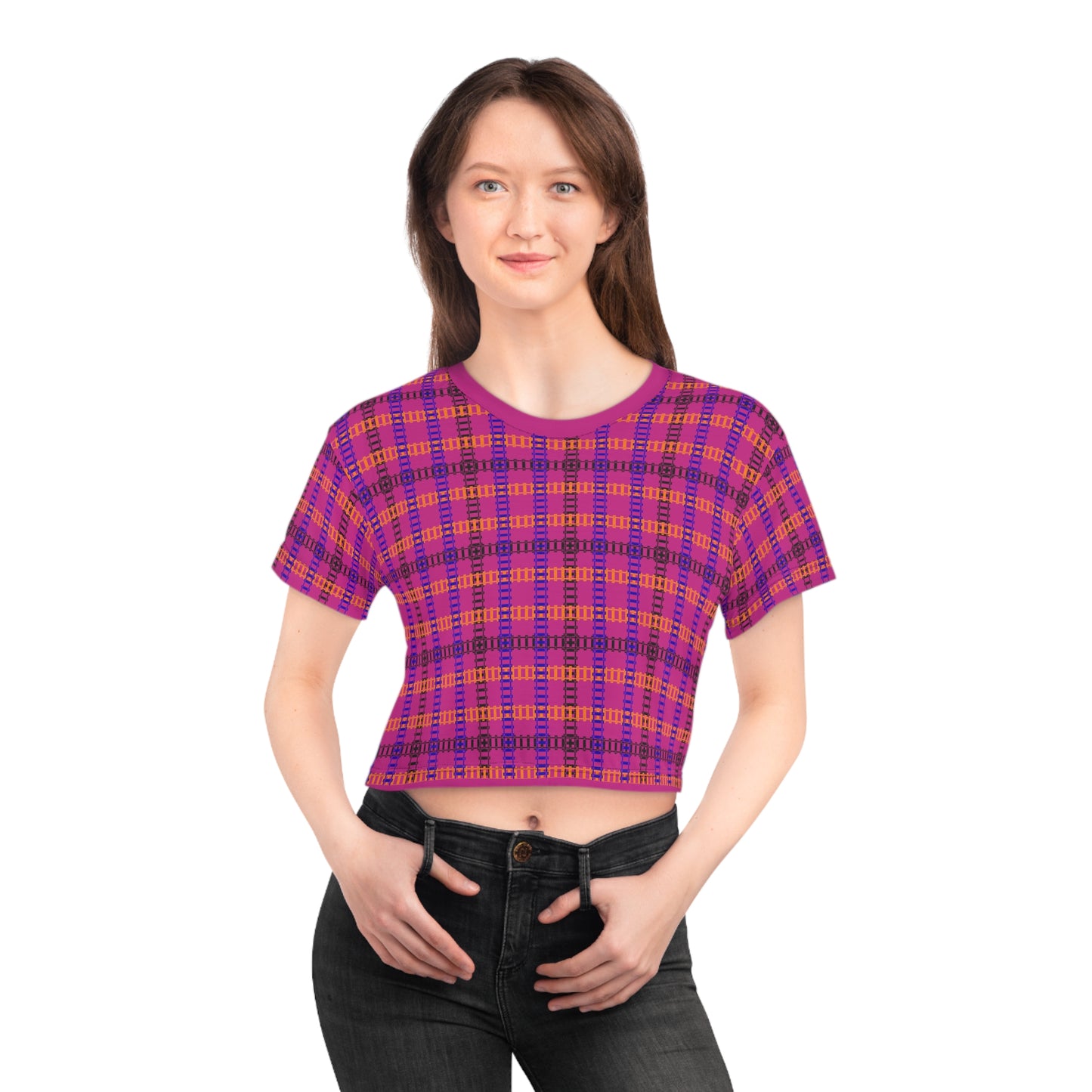 Trendy Patterned Crop Tee Casual Summer Top Gift for Her  Festival Wear  Stylish Weekend Outfits Train Tracks Pink