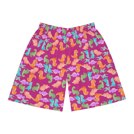 Whimsical Dinosaur Basketball Shorts Fun Playwear Summer Sports Kids Activewear Unique Gifts Playful Outfit Rainbow Dinos Pink