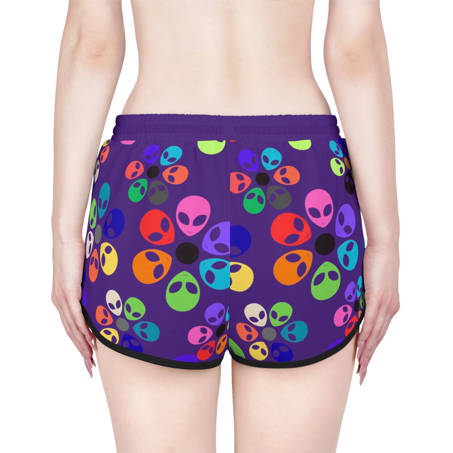 Colorful Alien Flower Print Womens Relaxed Shorts Summer Loungewear Beachwear Festival Outfit Casual Comfort Alien Rainbow Flowers Purple