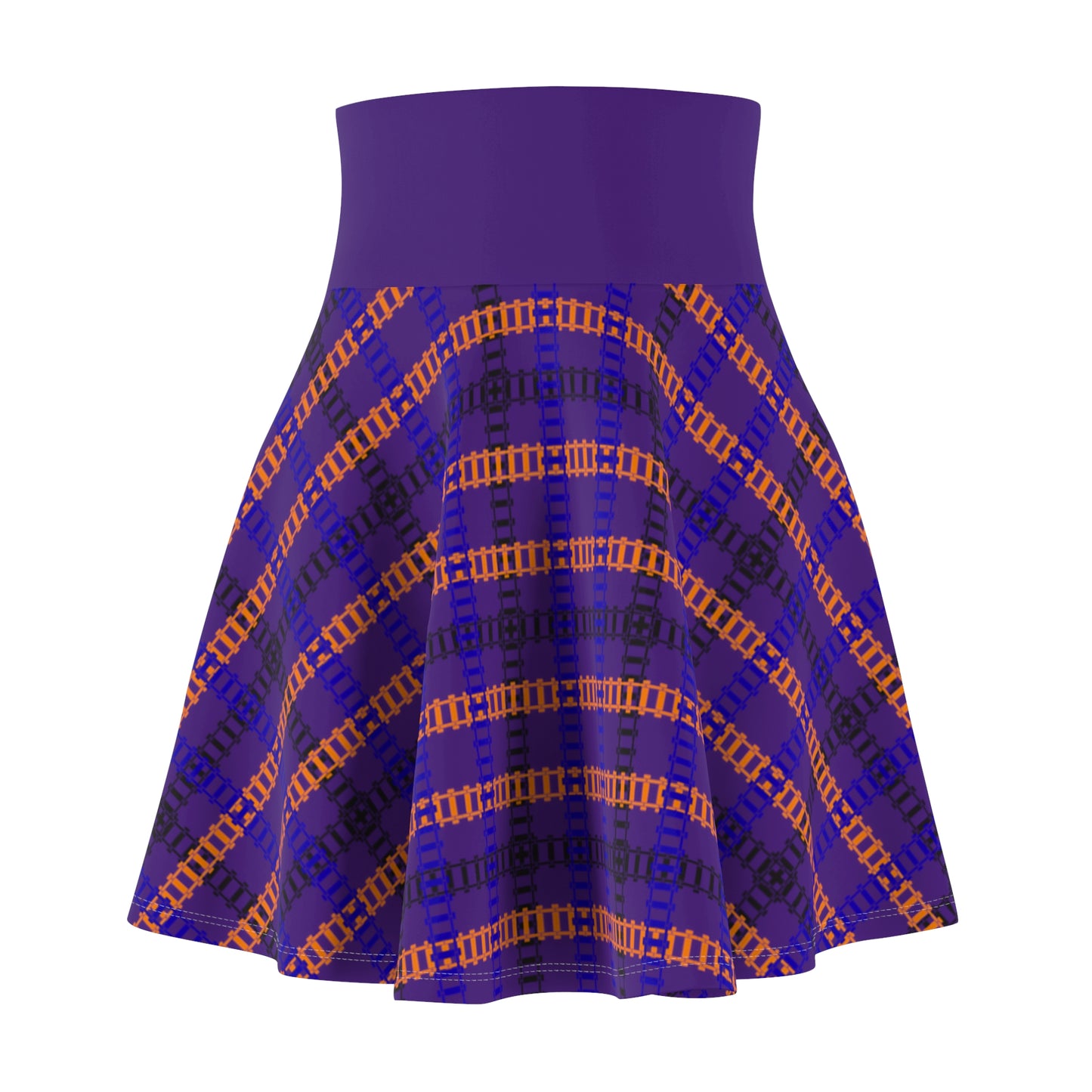 Stylish Womens Plaid Skater Skirt Trendy AOP Skirt Casual Everyday Wear Festive Outfit Summer Fashion 90s Vintage Inspired Train Tracks Purple
