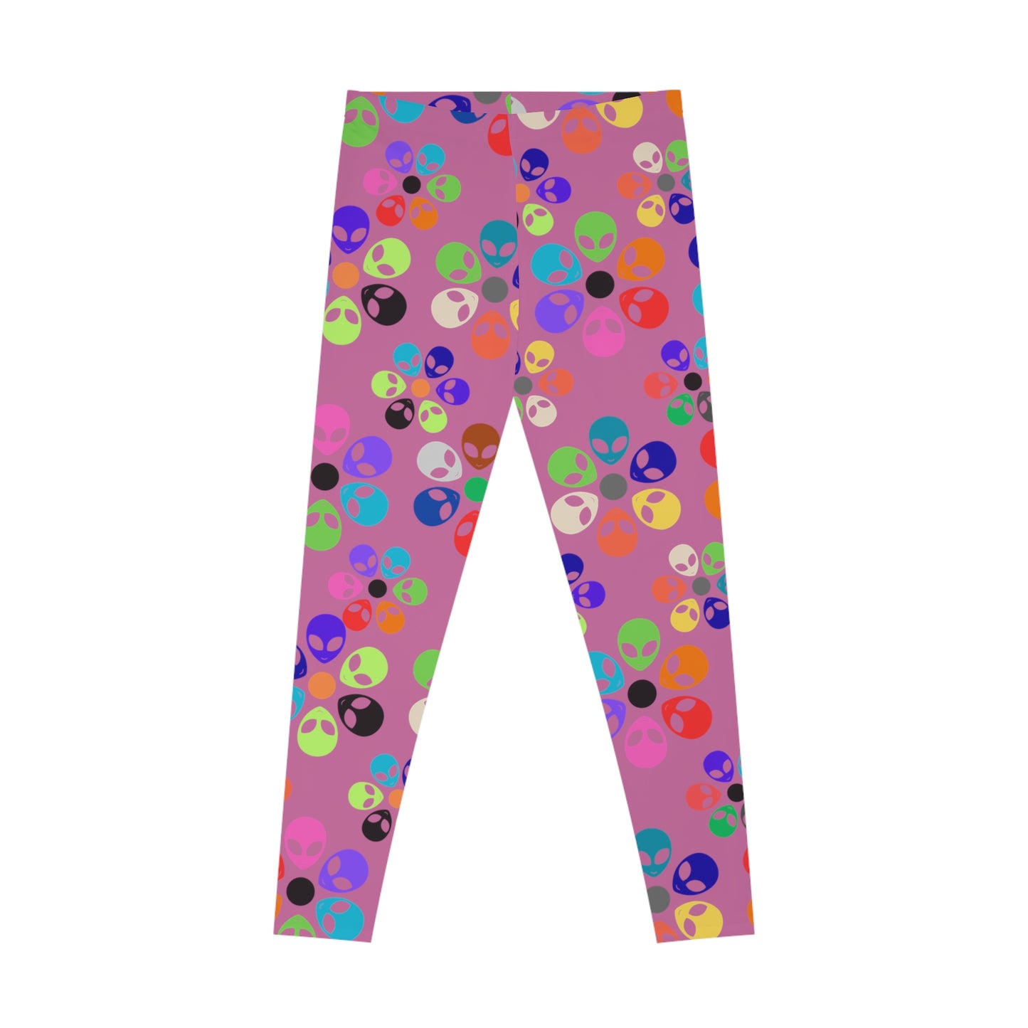 Colorful Alien Print Leggings Funky Fitness Tights Stretchy Activewear Fun Gym Leggings Quirky Casual Pants Gift for Alien Enthusiasts Alien Rainbow Flowers Light Pink