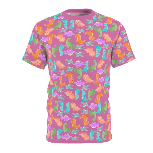 Vibrant Dino Pattern Tee for Ocean Lovers Perfect for Summer Casual Wear Gift for Beach Lovers Tropical Vibe Clothing Rainbow Dinos Light Pink