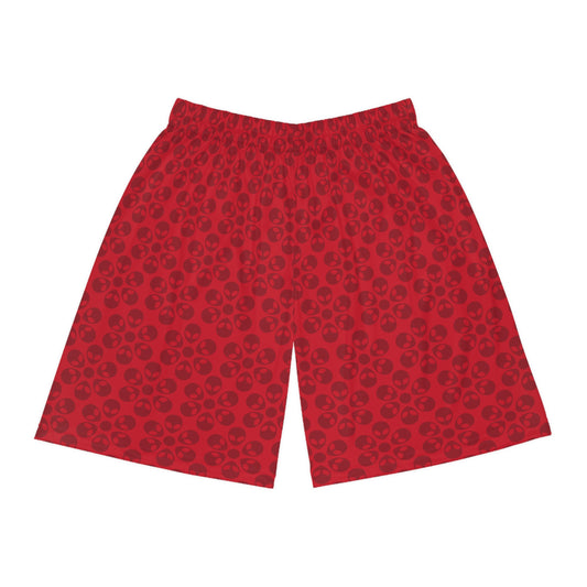 Trendy Skull Pattern Basketball Shorts Summer Activewear Sports Apparel Casual Wear Beach Shorts Gift for Basketball Lovers Alien Flowers Dark Red