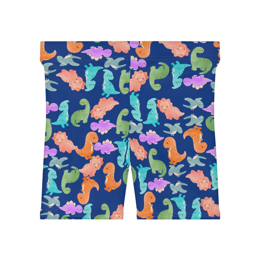 Colorful Dinosaur Womens Biker Shorts  AOP Perfect for Casual Wear workout Summer Birthdays Playdates Unique Gift Rainbow Dinos Dark Blue