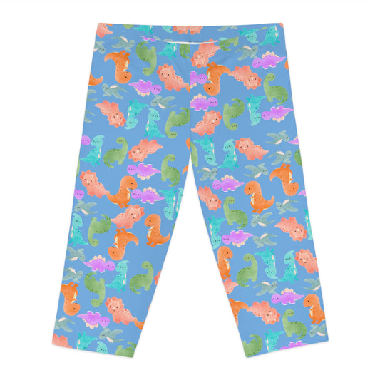 Playful Dino Print Womens Capri Leggings Cute Stretchy Pants for Yoga Casual Outfits Loungewear Gift for Her Rainbow Dinos Light Blue