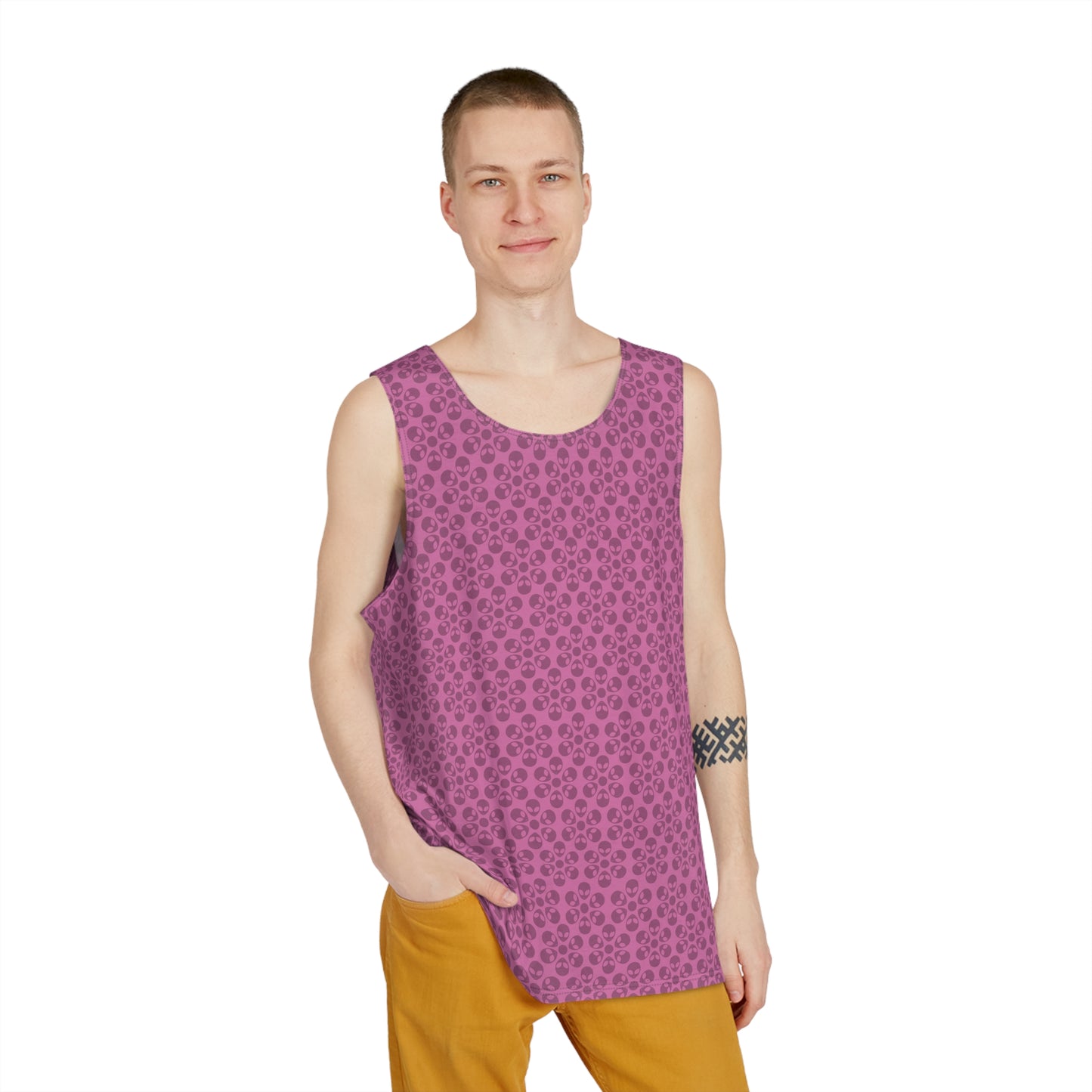 Stylish Mens Tank Top  AOP Leopard Print Summer Wear Fitness Gear Casual Apparel Trendy Vacation Outfit Alien Flowers Light Pink