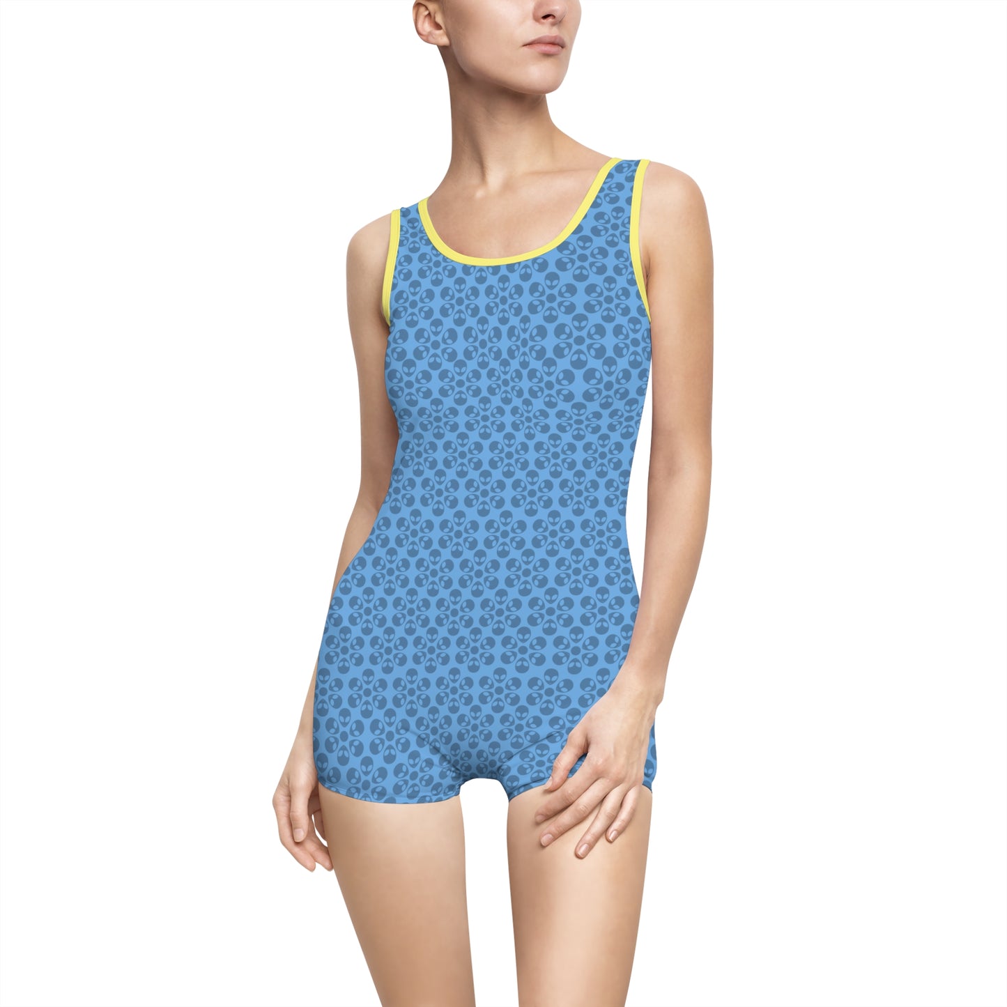 Womens Vintage Swimsuit  Alien Flowers Light Blue