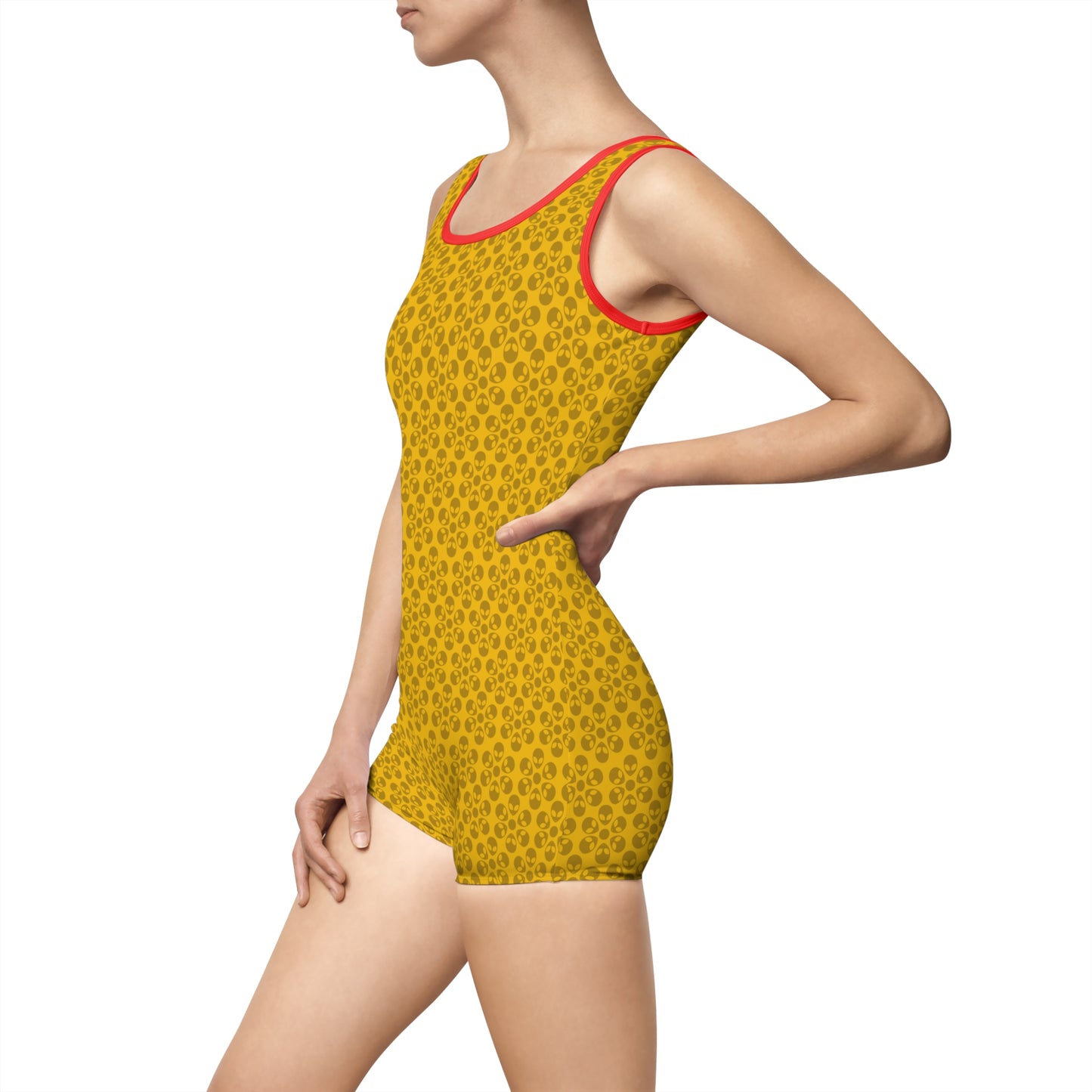 Womens Vintage Swimsuit  Alien Flowers Yellow
