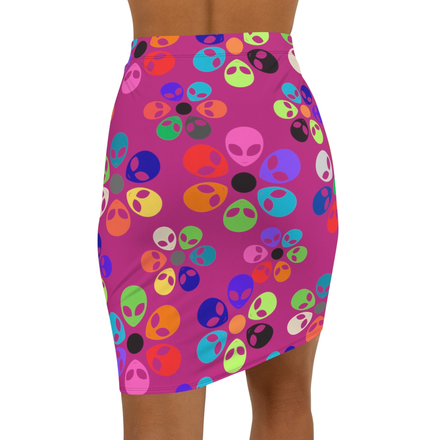 Colorful Alien Print Pencil Skirt Fun Trendy Skirt for Parties Women’s Everyday Wear Quirky Fashion Unique Gift Idea Alien Rainbow Flowers Pink