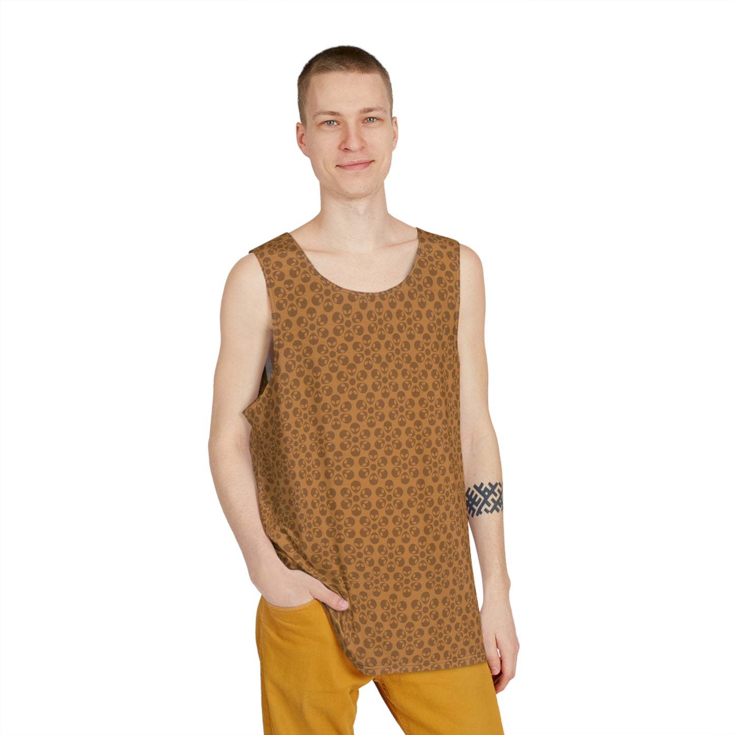Stylish Mens Tank Top  AOP Leopard Print Summer Wear Fitness Gear Casual Apparel Trendy Vacation Outfit Alien Flowers Light Brown