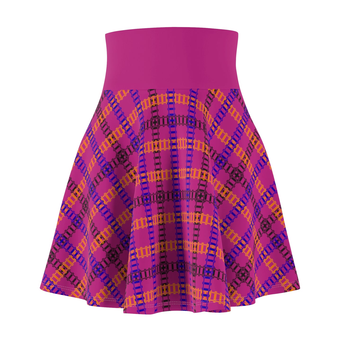 Stylish Womens Plaid Skater Skirt Trendy AOP Skirt Casual Everyday Wear Festive Outfit Summer Fashion 90s Vintage Inspired Train Tracks Pink