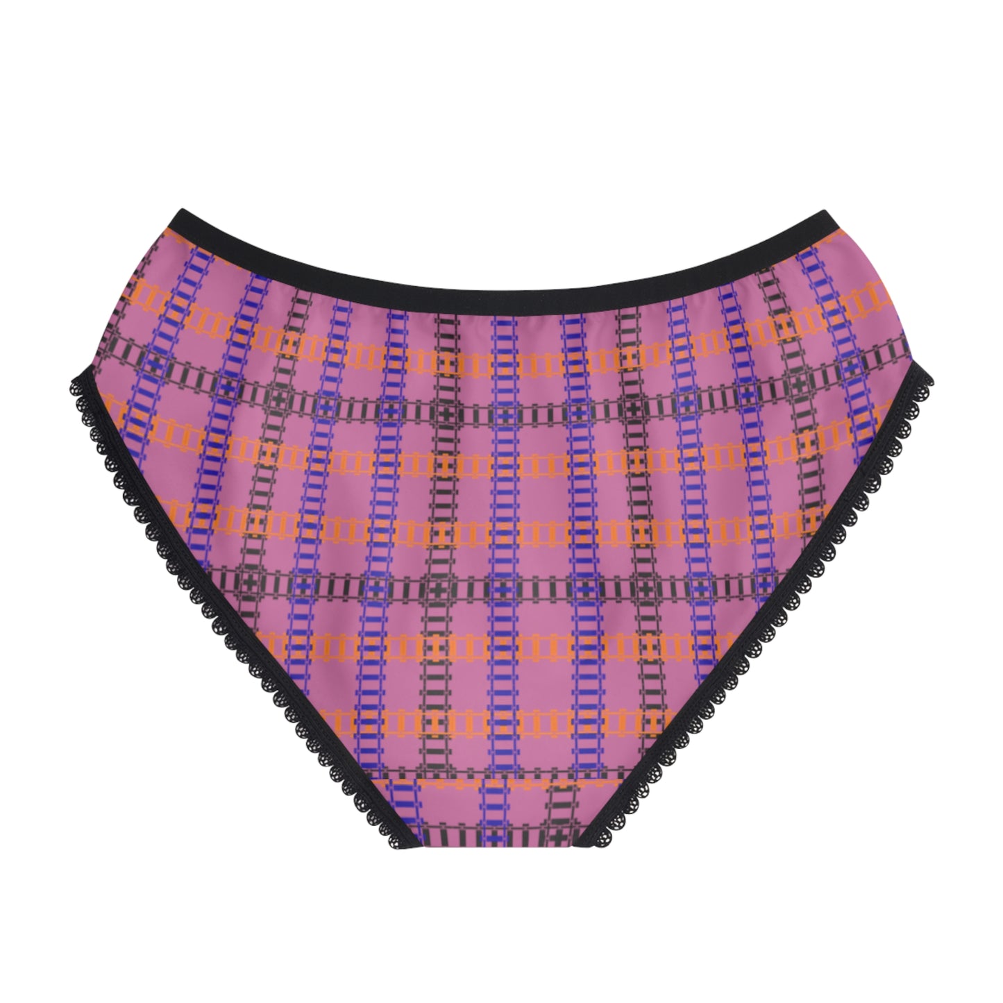 Colorful Patterned Womens Briefs with Lace Trim Comfortable Everyday Panties Unique Gifts for Her Fashionable Loungewear Fun and [...] Train Tracks Light Pink