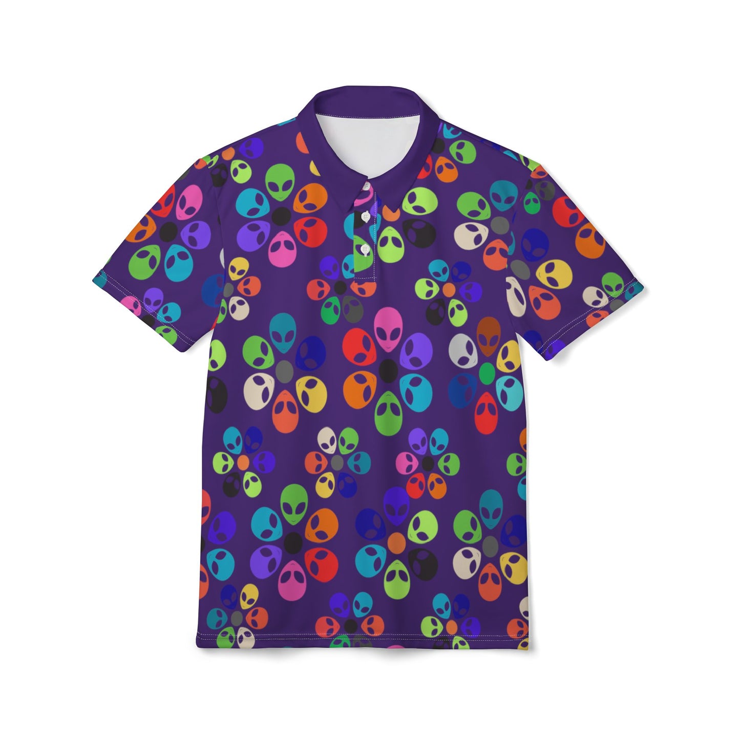 Colorful Alien Print Unisex Polo Shirt  Perfect for Festivals Holiday Parties Casual Wear Gift Ideas Unique Menswear Alien Rainbow Flowers Purple
