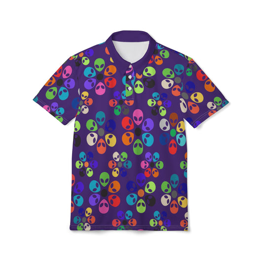 Colorful Alien Print Unisex Polo Shirt  Perfect for Festivals Holiday Parties Casual Wear Gift Ideas Unique Menswear Alien Rainbow Flowers Purple