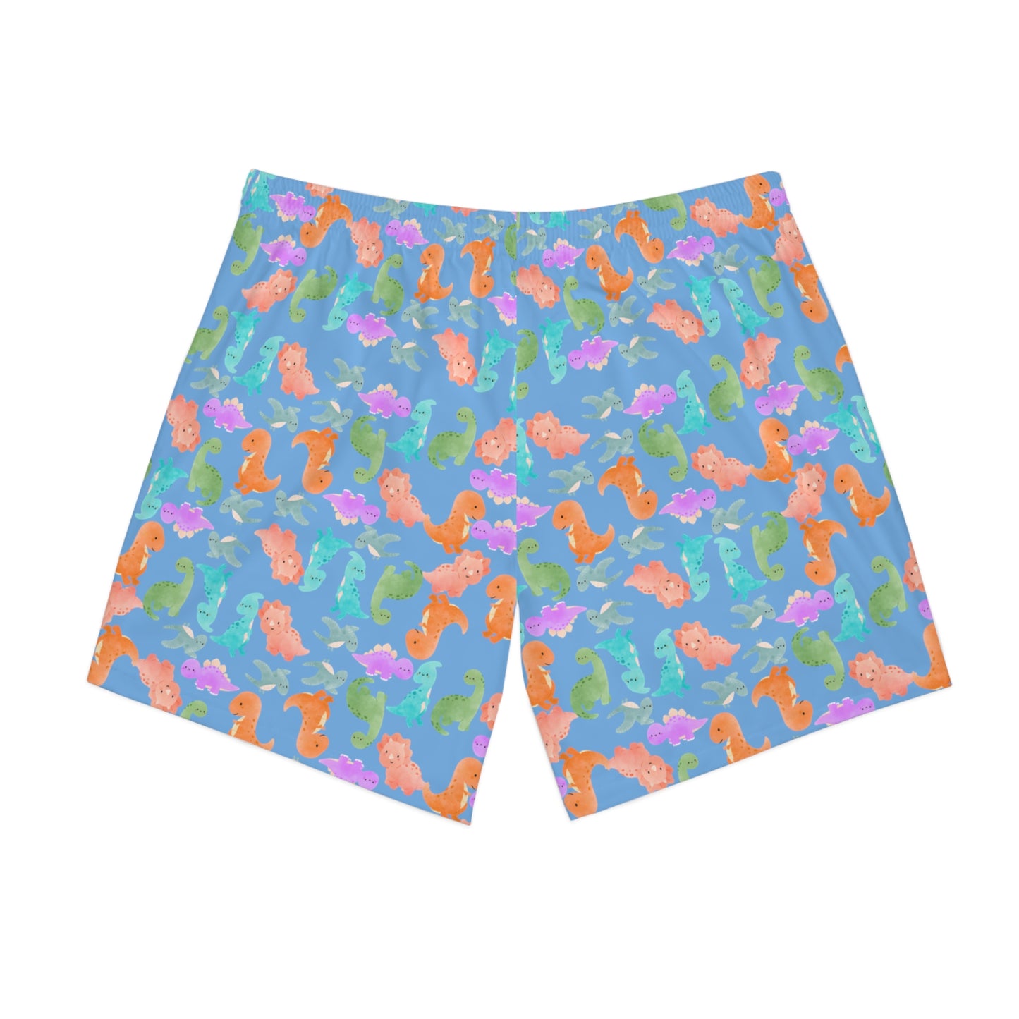 Colorful Dino Beach Shorts for Men Summertime Swimwear Vacation Essentials Pool Party Attire Trendy Summer Apparel Rainbow Dinos Light Blue