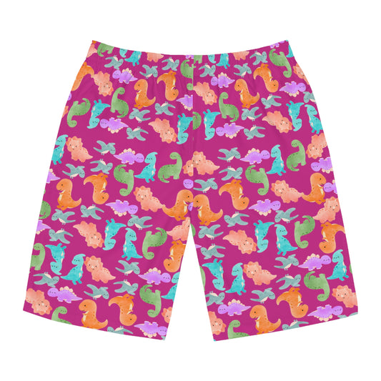 Dino Print Mens Board Shorts Summer Swimwear Beach Wear Vacation Essentials Gift for Him Rainbow Dinos Pink