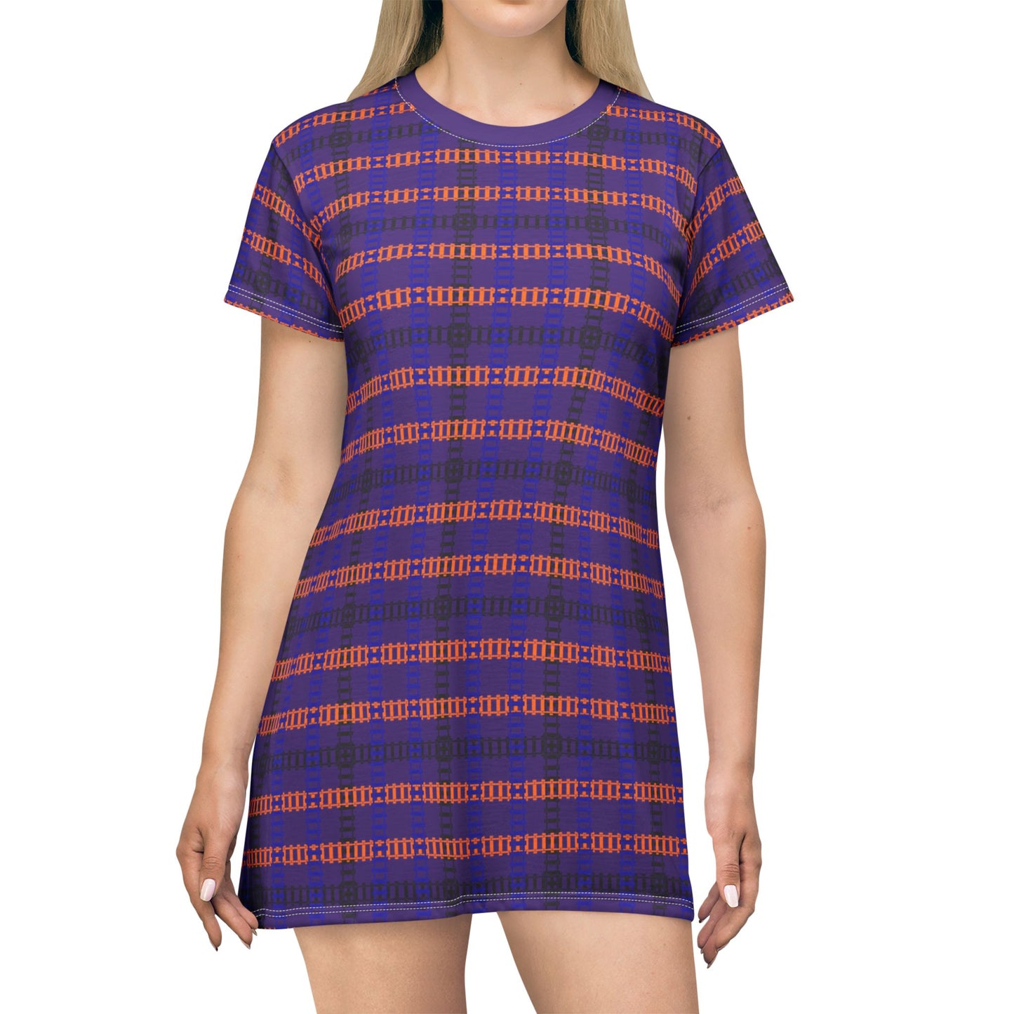 Vibrant Checkered TShirt Dress Casual Summer Dress Boho Fashion Everyday Wear Relaxed Fit Dress Colorful Outfit Train Tracks Purple
